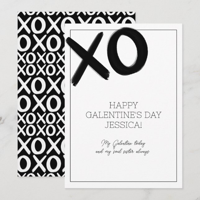 Tarjeta Festiva XOXO Nombre de Bestie Blanco y Negro Día de Galent (Anverso / Reverso)