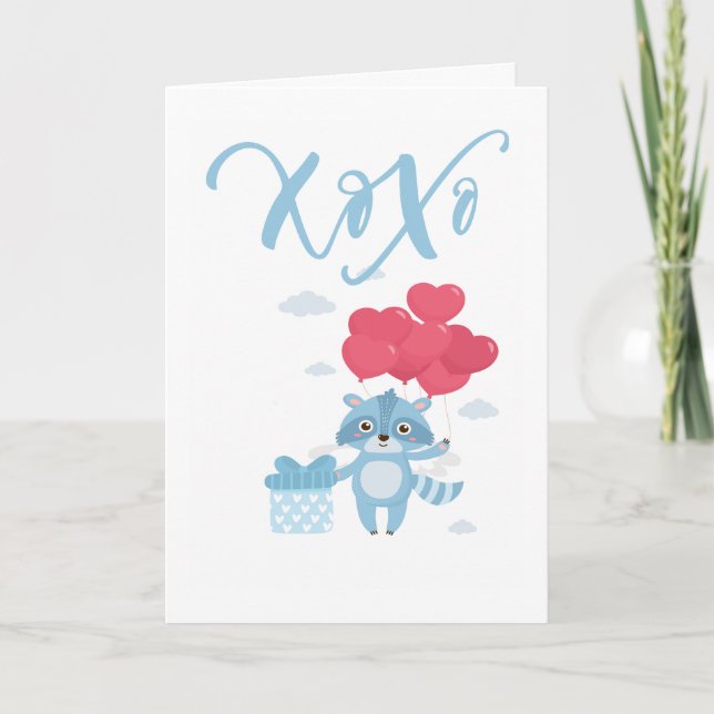 Tarjeta Festiva Xoxo Raccoon Y Día de San Valentín De Globos (Anverso)