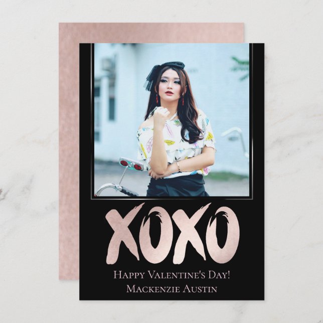 Tarjeta Festiva XOXO Rubor Rosa | Pincelada Día de San Valentín Fo (Anverso / Reverso)