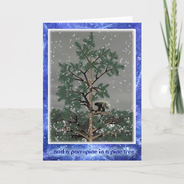 Tarjeta Festiva Y Un Porcupine En Un Árbol De Pino (Anverso)