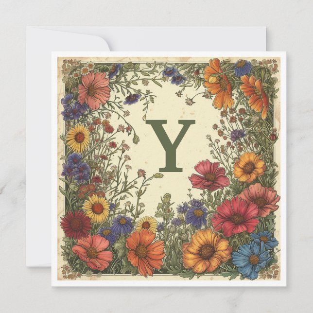 Tarjeta Festiva "Y" Verdigris Green: Bloom y Monograma (Anverso)