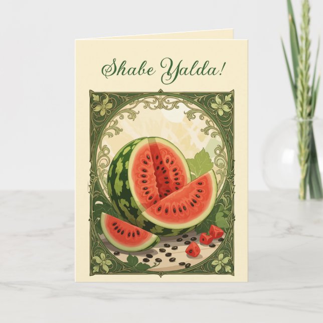 Tarjeta Festiva Yalda Watermelon Persian Winter Solstice Symbolism (Anverso)