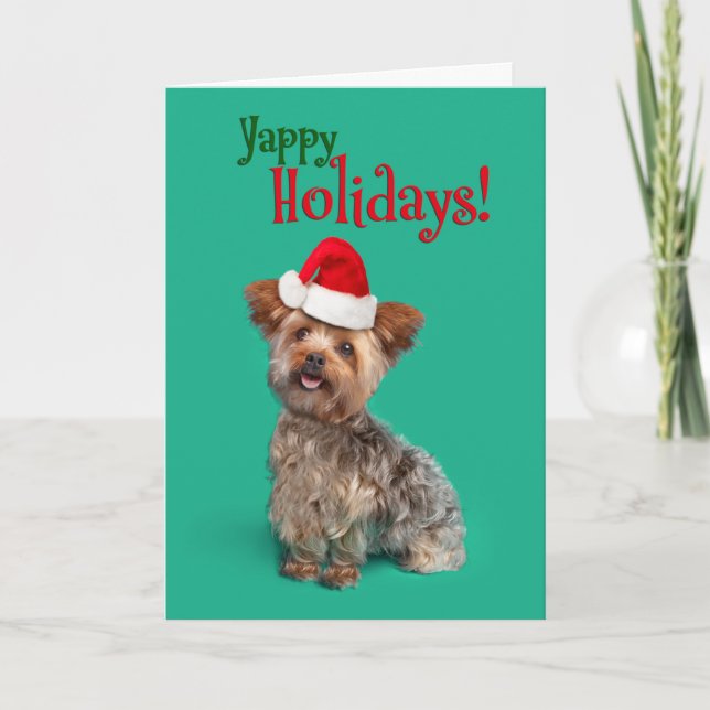 Tarjeta Festiva Yappy (Happy) Holidays Funny Yorkshire Terrier (Anverso)