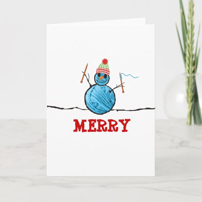 Tarjeta Festiva Yarn snowman tejiendo agujas Navidades vacaciones (Anverso)