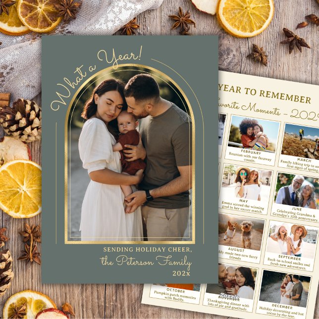Tarjeta Festiva  Year in Review Modern Arch Photo Collage Green  (Subido por el creador)