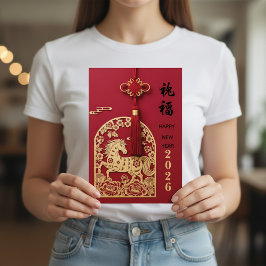 Tarjeta Festiva Year of the Horse 2026 Chinese New Year Red Gold 