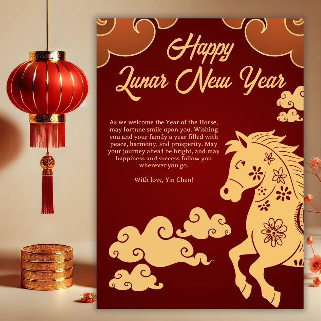 Tarjeta Festiva Year of the Horse Chinese New Year (Year of the Horse Chinese New Year Card – Personalized Red & Gold Greeting)