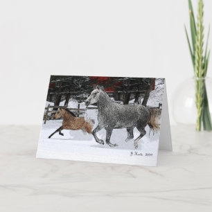 Tarjeta Festiva Yegua y potro corriendo en la nieve