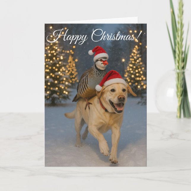 Tarjeta Festiva Yellow Labrador and Partridge Happy Christmas card (Anverso)