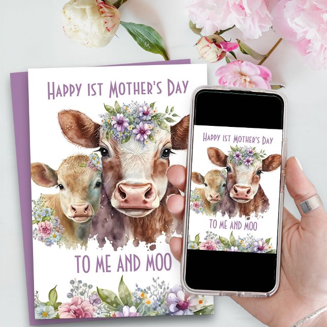 Tarjeta Festiva Yo y Moo Lindo Madre y Becerro Día de la Madre (Mother's Day Card with mommy and baby cow .. cute funny Me and Moo pun)