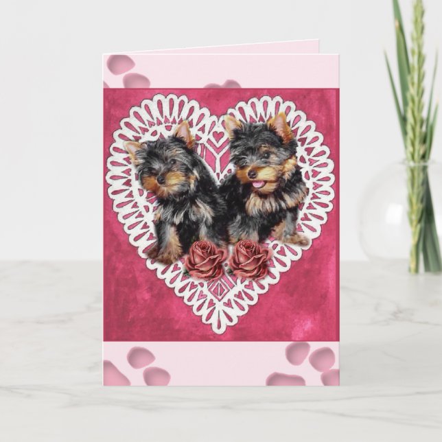 Tarjeta Festiva Yorkshire Terrier cachorros Valentines (Anverso)