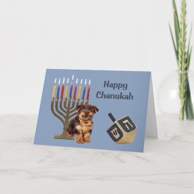 Tarjeta Festiva Yorkshire Terrier Chanukah Card Menorah Dreidel (Anverso)
