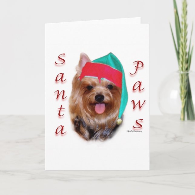 Tarjeta Festiva Yorkshire Terrier Santa Paws (Anverso)