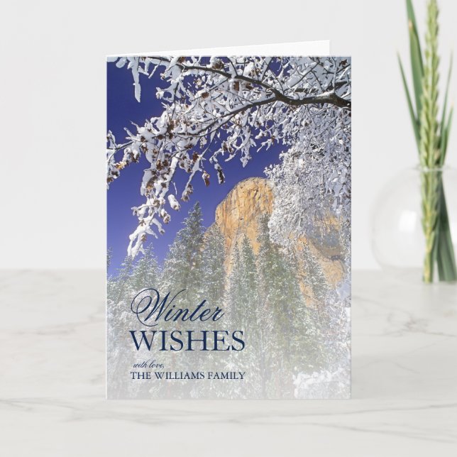 Tarjeta Festiva Yosemite enmarcó por los robles negros nevados (Anverso)