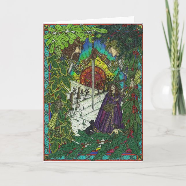 Tarjeta Festiva Yule, el rey del roble y el rey del acebo (Anverso)