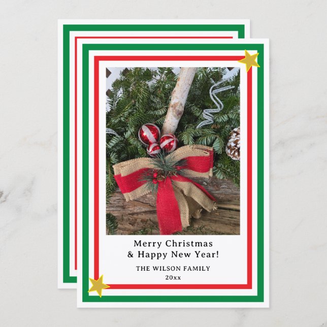 Tarjeta Festiva Yule Log Red Burlap Bow Green INSERT PHOTO  (Anverso / Reverso)