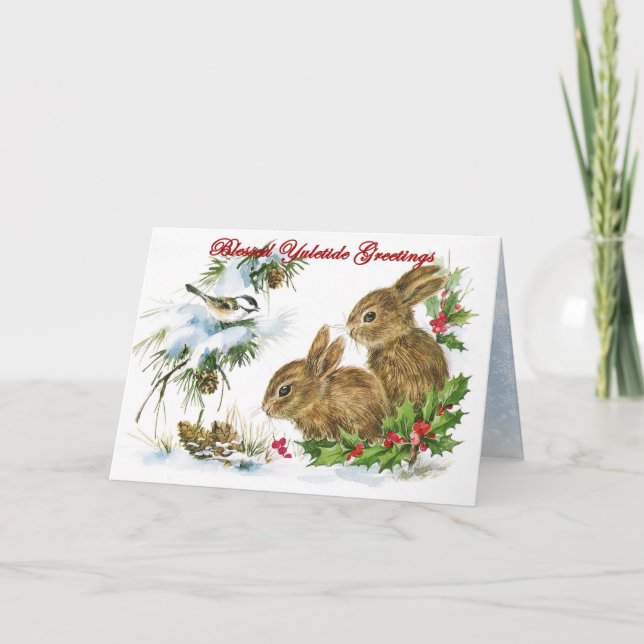 Tarjeta Festiva Yuletide Greetings Woodland Rabbits in Snow (Anverso)