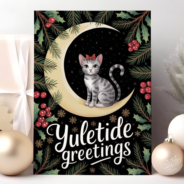 Tarjeta Festiva Yuletide saluda a gato en Navidades de la luna (Subido por el creador)