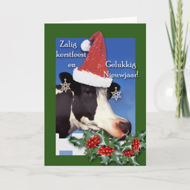 Tarjeta Festiva Zalig kerstfeest, vaca Holstein con Santa Hat (Anverso)