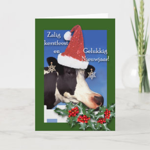 Tarjeta Festiva Zalig kerstfeest, vaca Holstein con Santa Hat