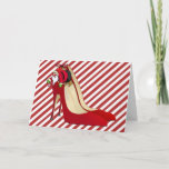 Tarjeta Festiva Zapatos del tacón alto/duende rojos de Santa<br><div class="desc">los zapatos del tacón alto/las bombas rojos magníficos,  calientes con un duende muy lindo de Santa que cuelga de un zapato tienen gusto de un ornamento del navidad con Felices Navidad</div>