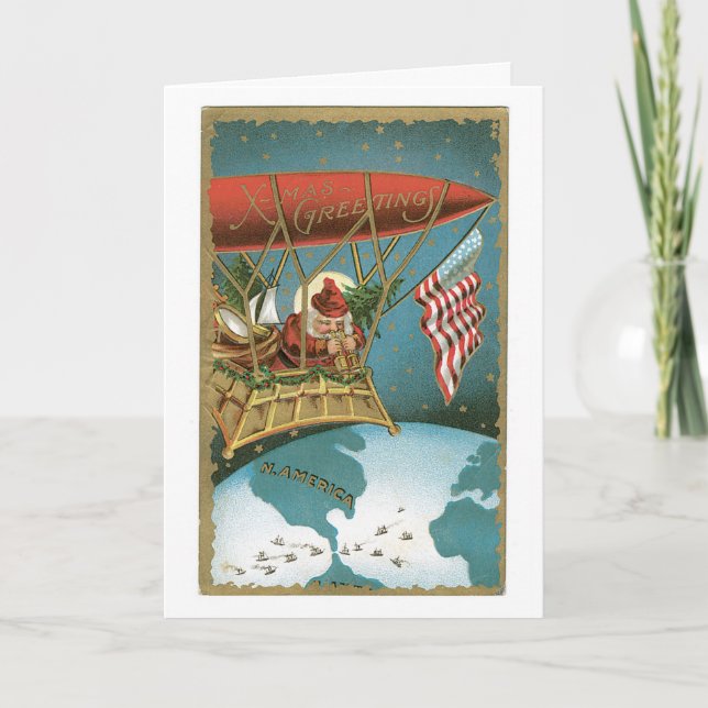 Tarjeta Festiva Zeppelin de Santa Claus - Patriotismo americano (Anverso)