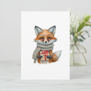 Tarjeta Festiva Zorro Acogedor con Bufanda y Regalo, Ilustración N