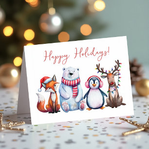 Tarjeta Festiva Zorro Adorable, Oso Polar, Pingüino y Reno