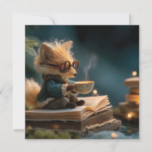 Tarjeta Festiva Zorro Caprichoso Leyendo Libro y Bebiendo Té