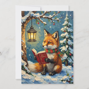 Tarjeta Festiva Zorro invernal vintage leyendo a la luz de una lin