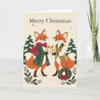 Tarjeta Festiva Zorros del bosque de cuentos intercambiando regalo