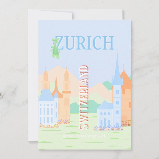 Tarjeta Festiva Zurich Travel Art, Suiza, Blue Retro Travel (Anverso)