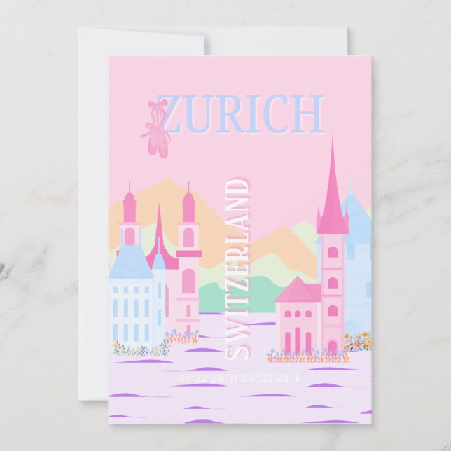 Tarjeta Festiva Zurich Travel Art, Suiza, Pink Preppy (Anverso)