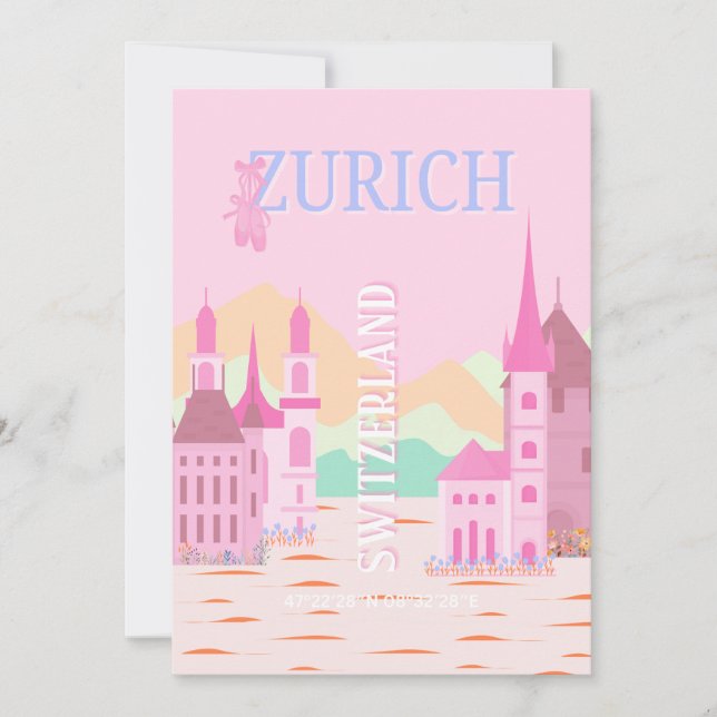 Tarjeta Festiva Zúrich Travel Art, Suiza Travel Art, Pink (Anverso)