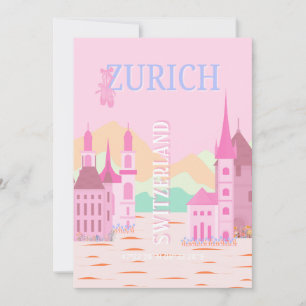 Tarjeta Festiva Zúrich Travel Art, Suiza Travel Art, Pink