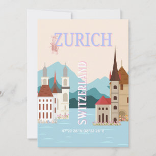 Tarjeta Festiva Zúrich Travel Art, Suiza Travel Art, Retro