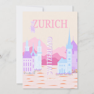 Tarjeta Festiva Zurich Travel Art, Suiza, Viajes de Pink Preppy
