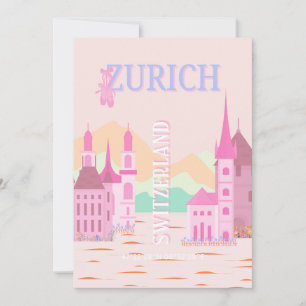 Tarjeta Festiva Zúrich Travel Art, Suiza, Viajes Retro Rosa