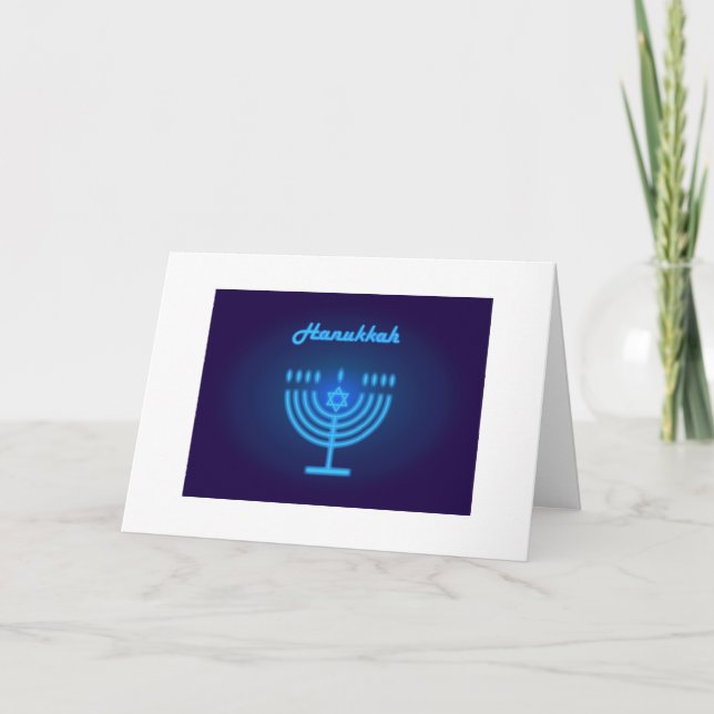 Tarjeta Festival Hanukkah Menorah Blue Neon Lights Symbol (Anverso)