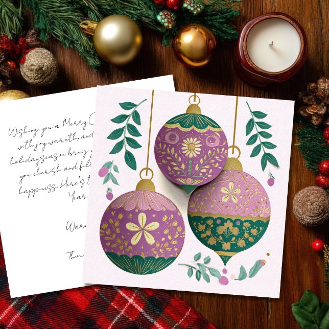 Tarjeta Festive and elegant Christmas Baubles Greeting (Subido por el creador)