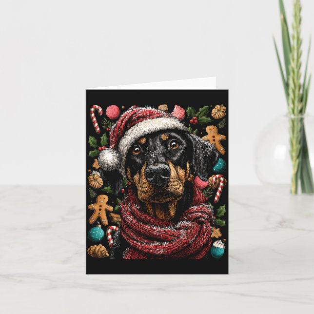 Tarjeta Festive Doberman With Santa Hat Snowy Winter Chris (Anverso)