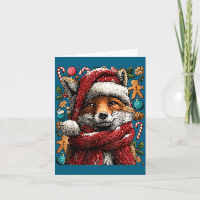 Tarjeta Festive Fox With Snow Santa Hat Winter Christmas A (Anverso)