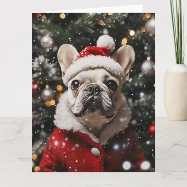 Tarjeta Festive Frenchie: Un retrato navideño (Anverso)
