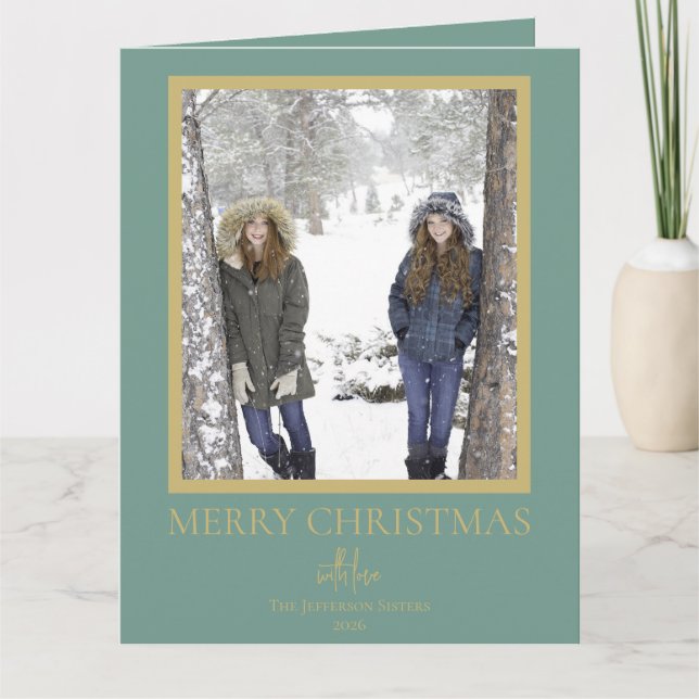 Tarjeta Festive Gold Green Merry Christmas Photo (Anverso)
