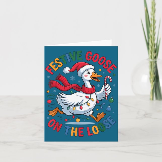 Tarjeta Festive Goose On Loose Christmas Cute Holiday Wint (Anverso)