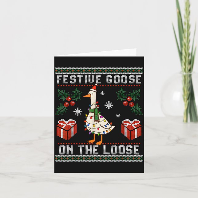 Tarjeta Festive Goose On The Loose Funny Ugly Sweater Chri (Anverso)