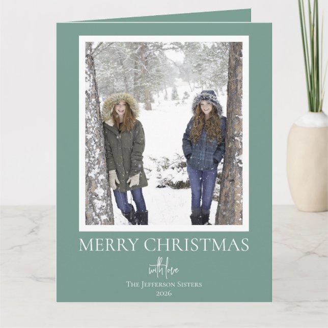 Tarjeta Festive Green & White Script Merry Christmas Photo (Anverso)