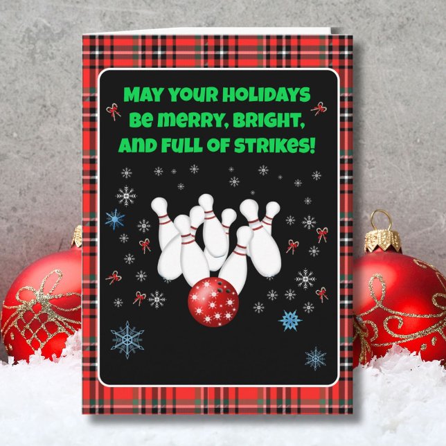 Tarjeta Festive Happy Holidays Bowling with Snowflakes (Subido por el creador)
