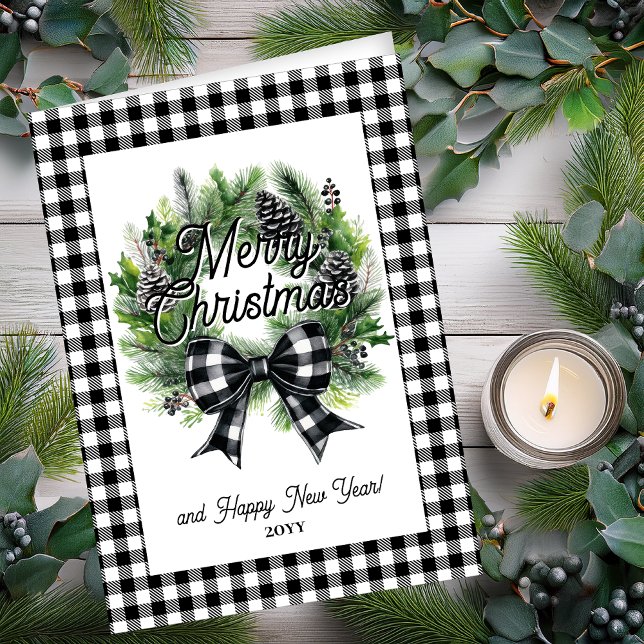 Tarjeta Festive Holiday Wreath Merry Christmas Non-Photo (Festive Holiday Wreath with Black | White Check Coquette Bow "Merry Christmas" Holiday Folded Card)
