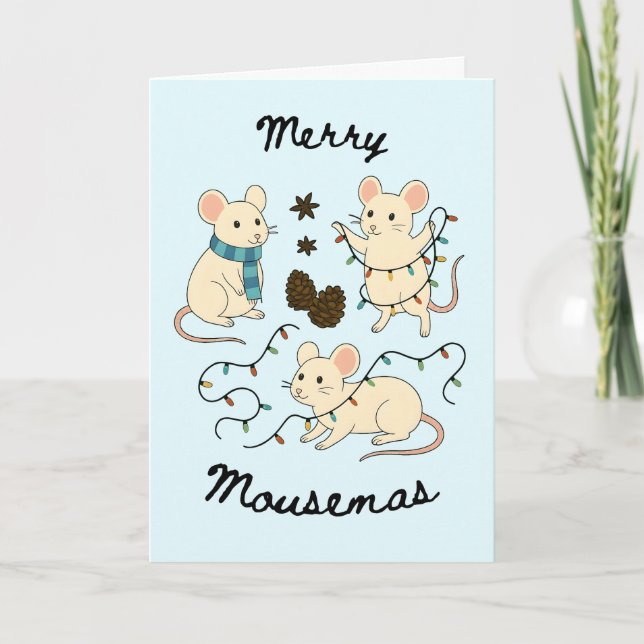 Tarjeta Festive Mice with Fairy Lights – Christmas Card (Anverso)